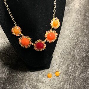 Elegant Orange and Red Statement Necklace and Earrings Set 8073